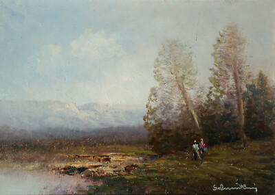 Karl SCHMIDBAUER (1921-1998) Spaziergänger am See im Vorgebirge.
