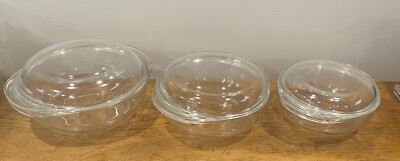 Pyrex Nesting Bowls 022 BB-25, 023 B-28, 024 Lids 682-C38, 683C B-15, 684-C 20