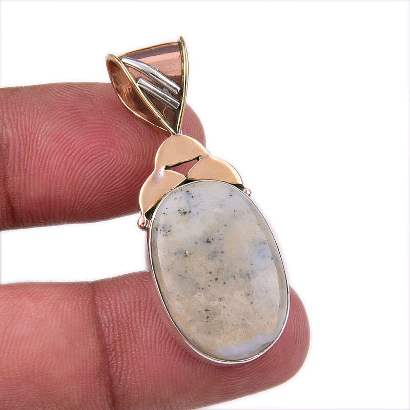 Natural Dendrite Opal 925 Solid Sterling Silver Gift TwoTone Pendant 1.75