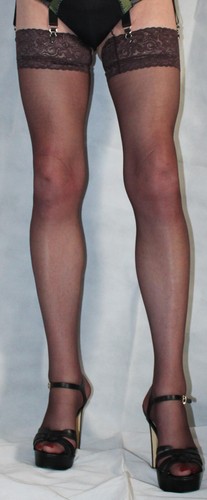 Ex Long Size Barely Black (BROWN) 10Denier Luxury Lace Top Semigloss Stockings - Picture 15 of 18