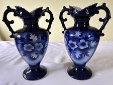 Pair of decorative handpainted twin handled Victorian Albany Vases