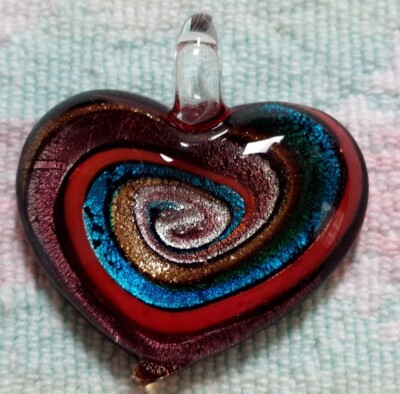 Handcrafted Multicolored Shimmer Swirl Murano Style Heartshaped Glass Pendant