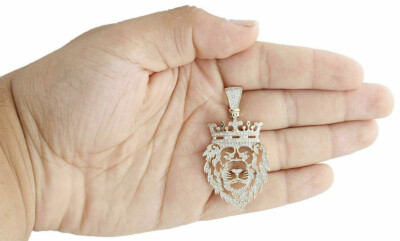 2Ct Created Diamond Lion Face Out King Crown Pendant Charm 14K Yellow Gold Over