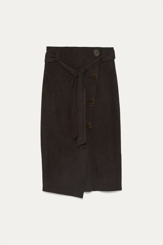 ZARA DARK BROWN SUEDE-EFFECT MIDI SKIRT WITH BUTTONS SIZE M - Picture 8 of 12