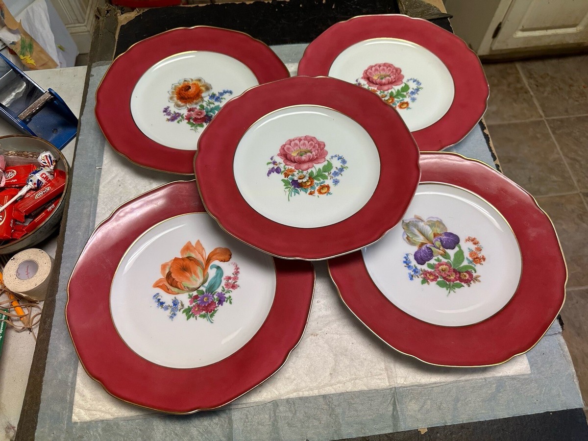 Bavaria Tirschenreuth Dinner Plates Floral Flowers Dark Fuchsia