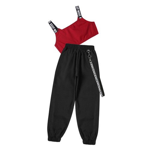 Kids Girls Crop Top With Pants Gym Dance Outfit Hip-Hop Sports Suit Metal Chain - Picture 36 of 44