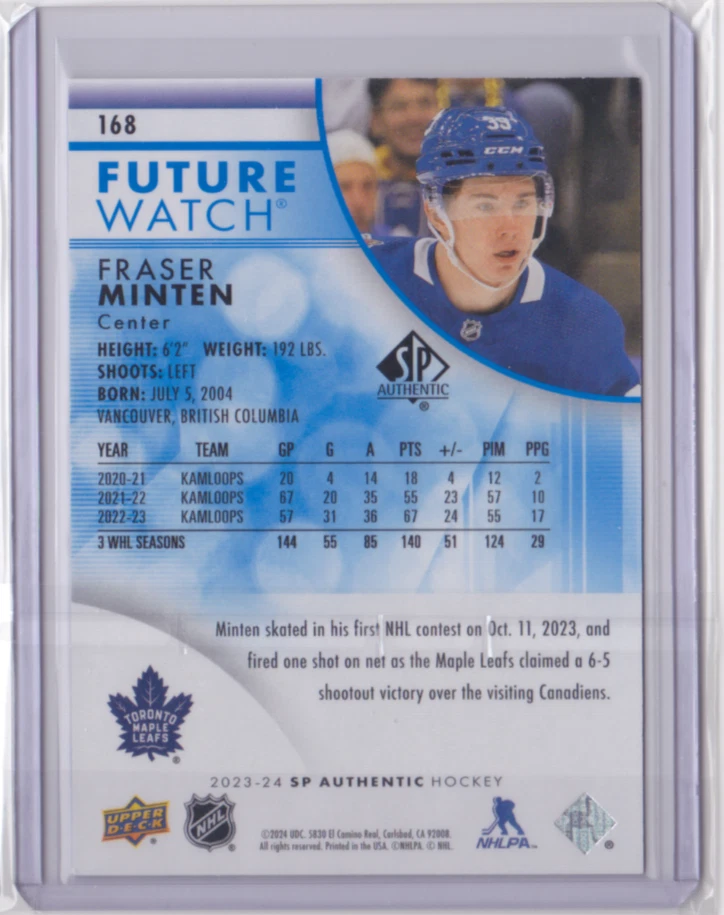 2023-24 UD SP AUTHENTIC FUTURE WATCH BLUE PARALLEL /399 FRASER MINTEN #168 LEAFS - Image 2 of 2