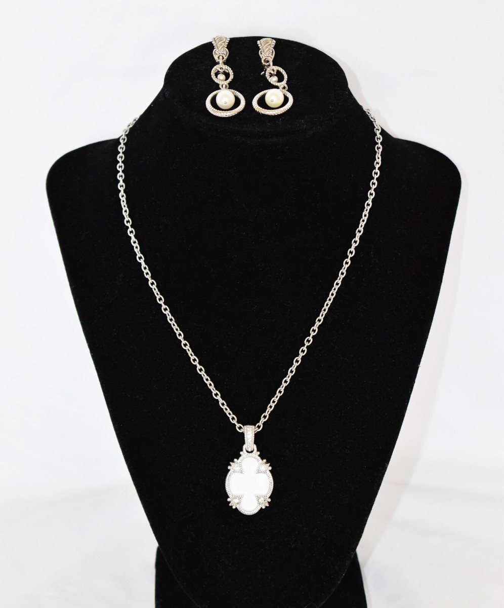 Judith Ripka 925 Sterling Silver and Pearl Earrings Pendant Set, CZ  Accents