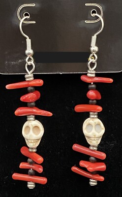 Handmade White Skull With Red Coral & Black Wood Bead Earrings by Neanie-Bot