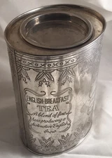 Vintage Silverplate Tin English-Breakfast Tea Oval 7” Tall Made In India