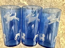 3 VINTAGE HAZEL ATLAS COBALT GLASSES BOSTON TERRIER, BORZOI, SCOTTIE, PEKINGESE
