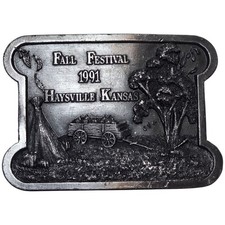 Hay Wagon Belt Buckle 1991 Haysville KS Kansas Pumpkin Autumn Fall Festival