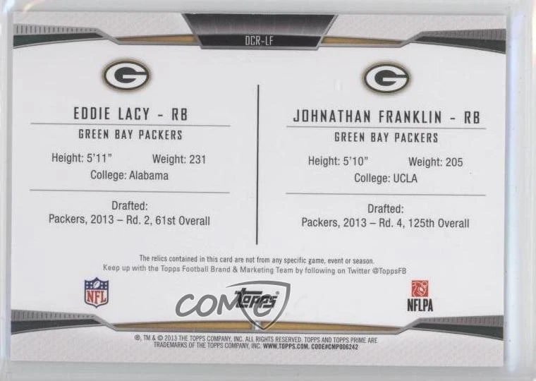 2013 Topps Prime Dual Combo Relics /330 Eddie Lacy Johnathan Franklin Rookie RC - Image 2 of 2