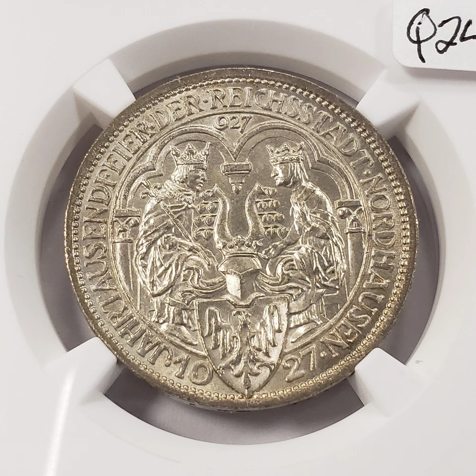 1927-A Germany Weimar Norhausen 3 Mark  .2411 oz ASW - NGC UNC Dets - Q2458 - Image 4 of 4