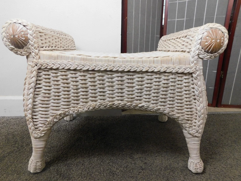 Vintage Jamaica Wicker Bench Vanity Desk Chair Stool Rattan Hollywood Regency VG - Image 4 of 4
