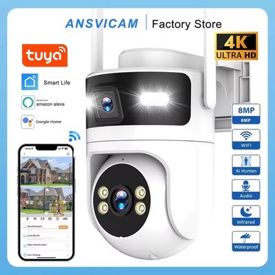 Tuya WiFi Security Camera Outdoor Dual Lens Screens 4K 8MP PTZ Motion Detection