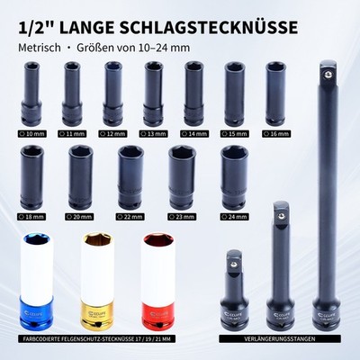 18tlg 1/2'' Schlagschrauber Stecknusssatz 10-24mm inkl. 3 Felgennüsse  17/19/21mm