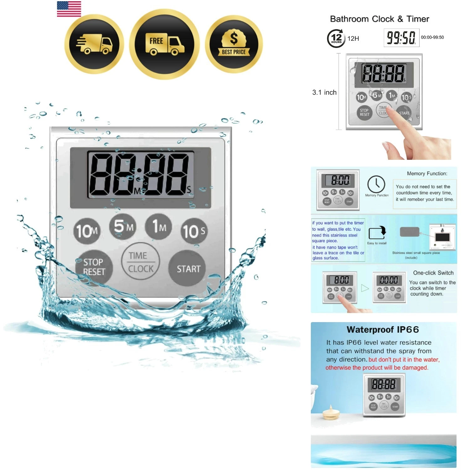 Digital Timer Waterproof Shower Timer Shower Clock Bathroom Kitchen Timer wit...