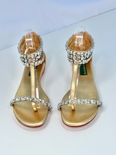Women Gold Rhinestone Flat Sandals Crystal T-Strap Summer Party Wedding Shoes
