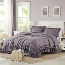 Purple Comforter Set Queen, 3Pcs Comforters Queen Size Ruffle Farmhouse B...