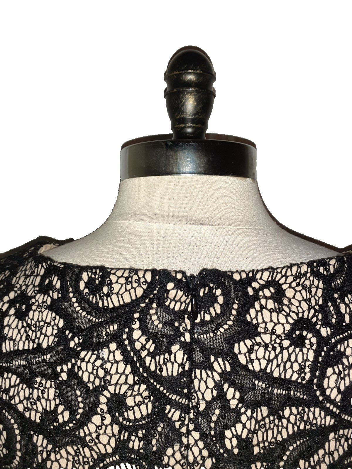 R&M RICHARDS Sz 12 Sheath Dress Black Lace Sequins 3/4 Sleeve Stretch Knit Midi