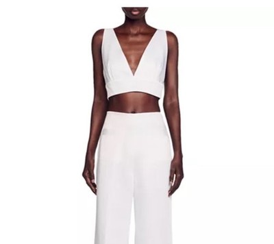 NWT Sandro Lolite Bralette Crop Top Women Size 4 US-XL White Linen Blend Modern