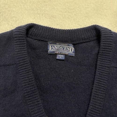 Lands' End Sweater Men's S 100% Cashmere Blue Navy Made Scotland V-Neck Vintage - Picture 2 of 6