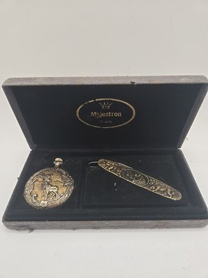 Majestron Pocket Watch w/Knife, Deer/Hunting Dogs, Missing Chain.
