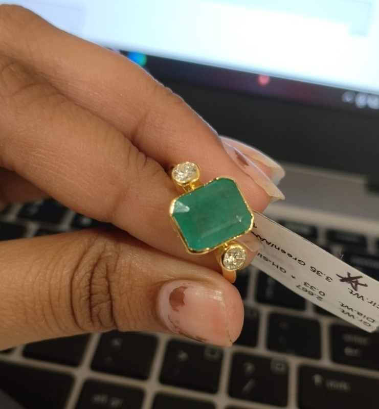 Emerald Cut Natural Emerald & Diamond Three Stone Ring # LBR02362