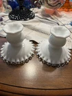 Vintage Fenton White Milk Glass silver crested candlestick holders Pair