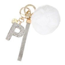 Initial Letter P Keychain with Pom and Rhinestone Wristlet, White