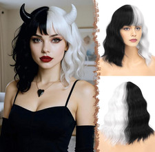 Bob Wigs with Bangs, Black and White Shoulder Length Wavy Wig Women Party Wig