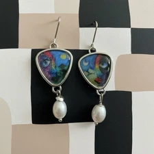 Artisan Sun Moon Eye Face Silver Earrings Pearl Mismatch Modern Art Boho Charm