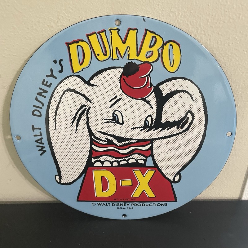 VINTAGE DISNEY DUMBO D-X OIL MOTOR GASOLINE PORCELAIN SIGN