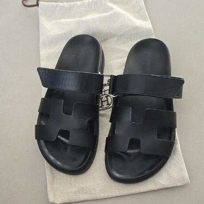 Hermès Chypre Techno Sandals In Black Calfskin Size 37/ 7 US