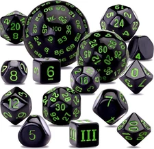 AUSTOR 15 Pieces Complete Polyhedral Dice Set D3-D100 Game Black & Green 