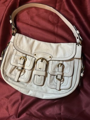 Coach Women s White Shoulder Bag w/ Buckle Accents Gold Hardware Blue Lining