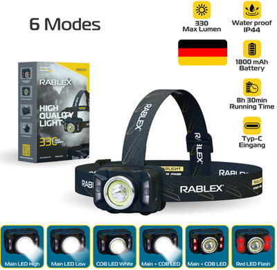 LED Headlamp Rechargeable RABLEX 330lm USB-C Red Light Sensor 6 Modes