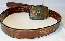 Leather Belt Hand Tooled Western Old Sonora Mexico Sz 36 Medal Bronco Buckle