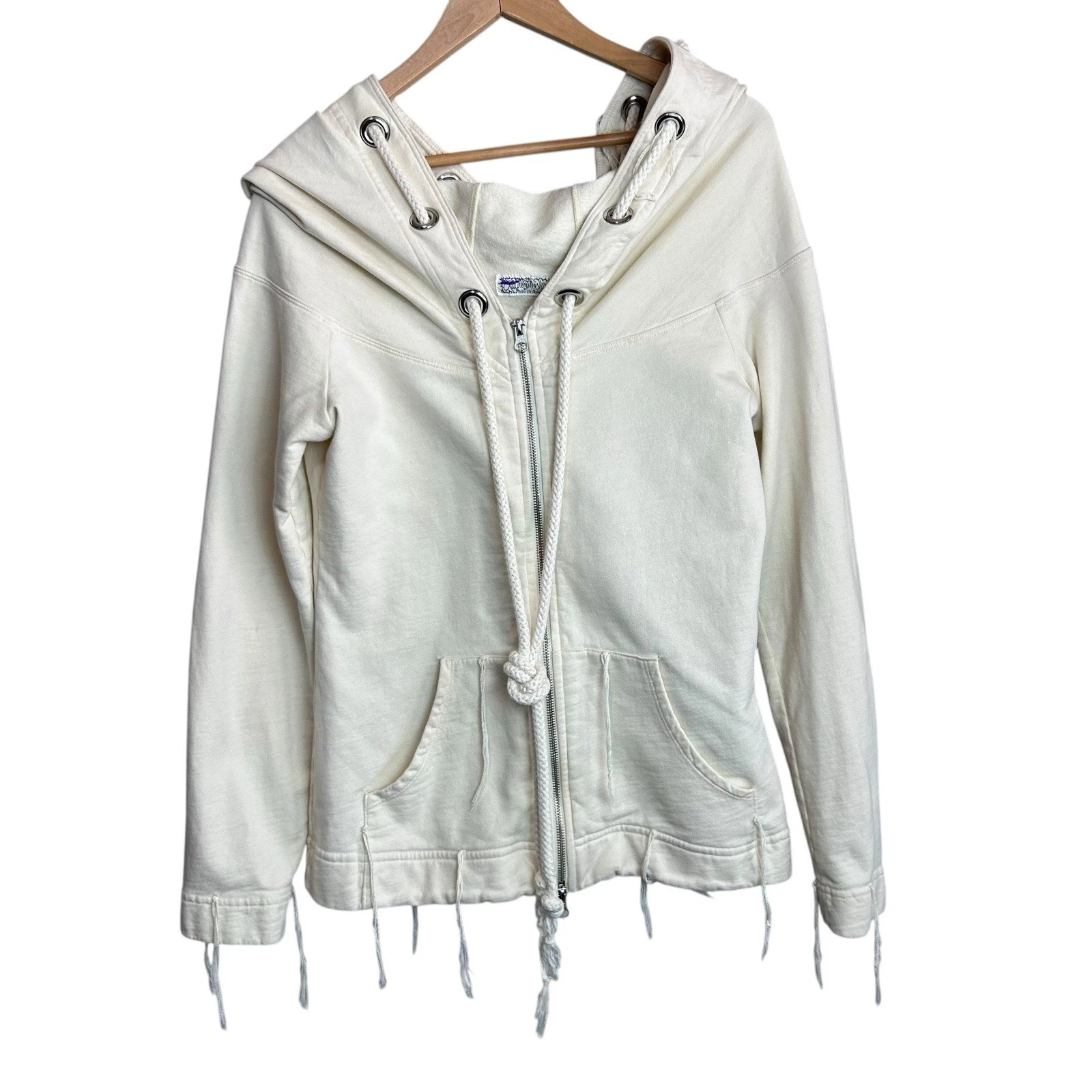 OFF WHITE Giacca Lauren Moshi donna media avorio felpa con cappuccio toro cane cappuccio zip frange