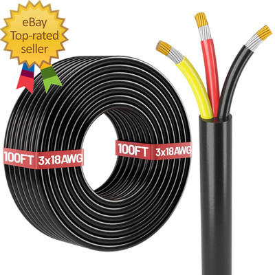 100FT 18 Gauge Wire Automotive Wire 3 Conductor Electrical Stranded PVC Cord 12V