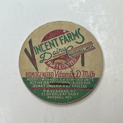 Milk Bottle Cap Vincent Farms Dairy MARSHALL MICHIGAN MICH MI