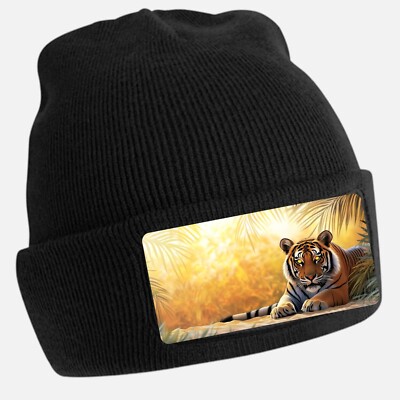 Black Cool Tiger Print Beanie Hat - Unisex Cap, Cotton