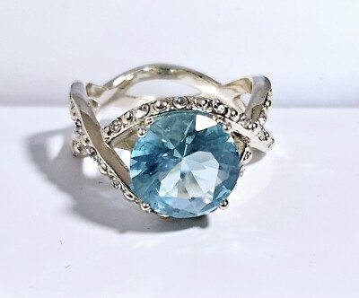 Charter Club Silver Tone Cocktail Ring Aqua & Clear Crystals Size 6 J13-3149