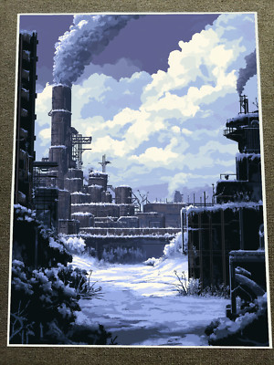 Snow-Covered Industrial Facility with Smoke Stacks Poster 18x24in
