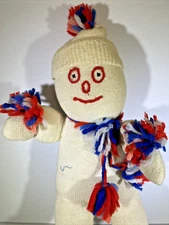 Vintage Sock Doll Snowman ☃️ ~ Red White Blue Pom Poms 💛 ~ RARE