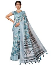 Women's Printed Kalamkari Art Silk Saree With Tassels and Unstitched Blouse