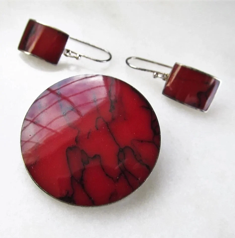 Juego de Pendientes y Colgantes Vintage Esterlina México ATI Jaspe Rojo ETC4639 Foto 2 de 4