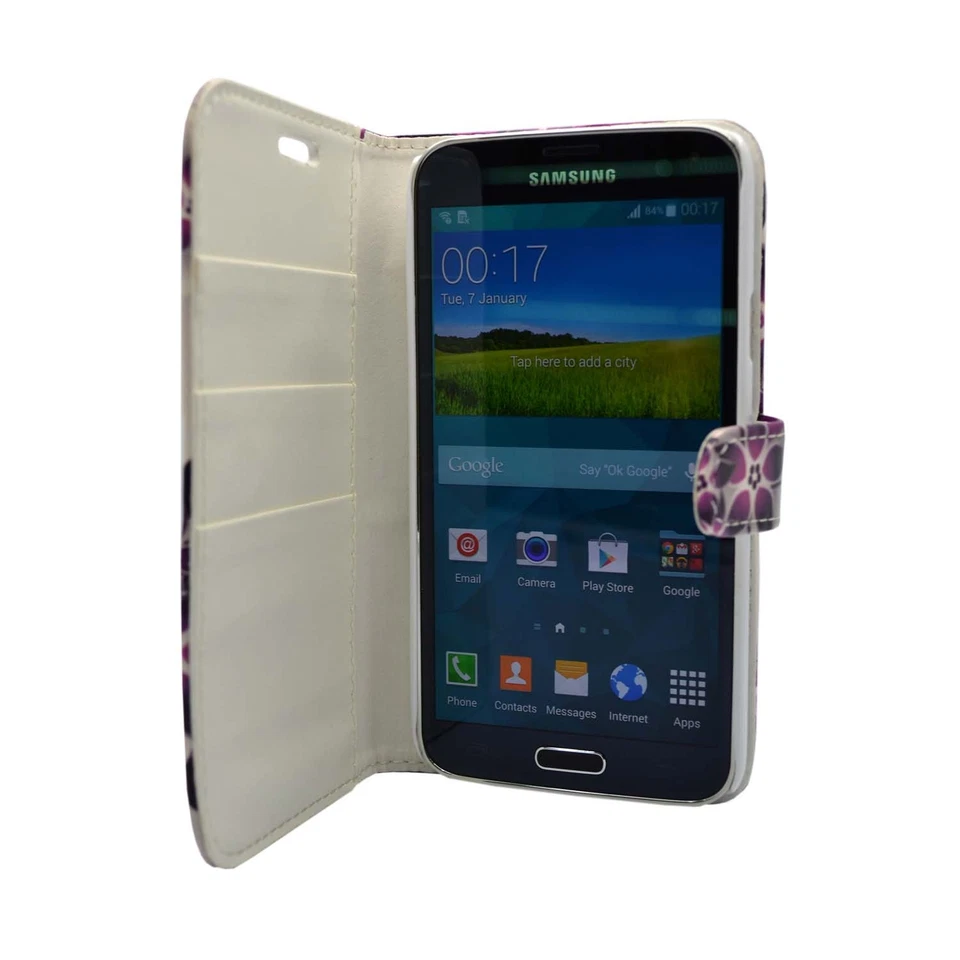 CASE FOR SAMSUNG GALAXY S5 MINI PURPLE CREAM FLOWER PRINT WALLET PU LEATHER - Image 4 of 4