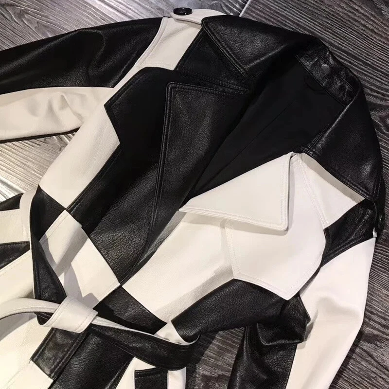 Gabardina de cuero en contraste negra clásica blanca abrigo largo fiesta/cóctel con cinturón Foto 4 de 4